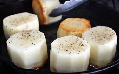 He Begins Cutting Potatoes In A Strange Shape Then Puts Them In A Pan. When He’s Done YUM!